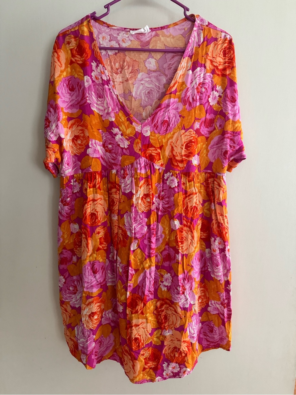 Floral V-Neck Short Sleeve Tunic Dress - Pink & Orange